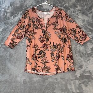 Tabitha Webb Womens 1X Peach Floral Split Neck 3/4 Sleeve Knit Top Blouse
